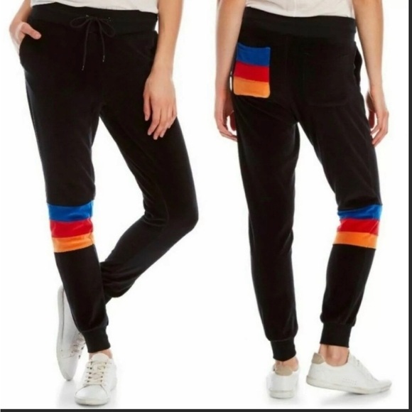 C&C California Black Striped Velour Drawstring Joggers Pants Size Small - Picture 1 of 6